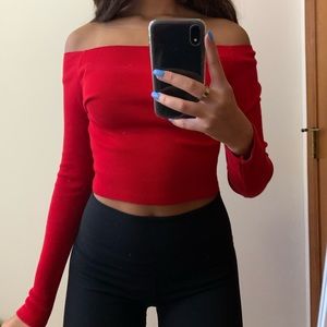 Red off the shoulder long sleeve brandy